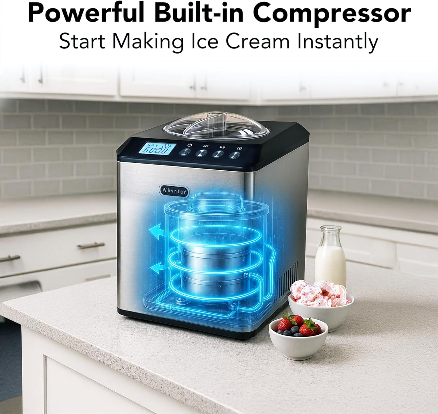 ICM-201SB Upright Automatic Ice Cream Maker with Built-In Compressor, No Pre-Freezing, LCD Digital Display, 2.1 Quart Capacity, Black