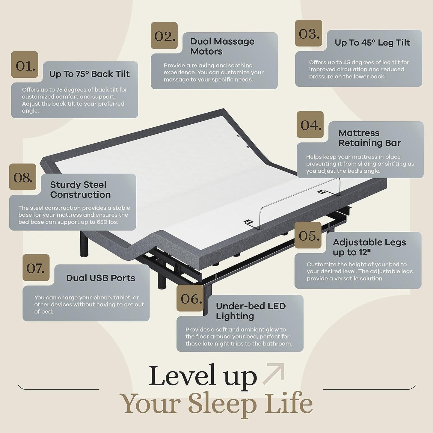 King Adjustable Bed Base Frame + 12” Luxury Cool Gel Memory Foam Mattress, Head up Foot Up, USB Ports, Zero Gravity, Interactive Dual Massage, Wireless, Classic (King)